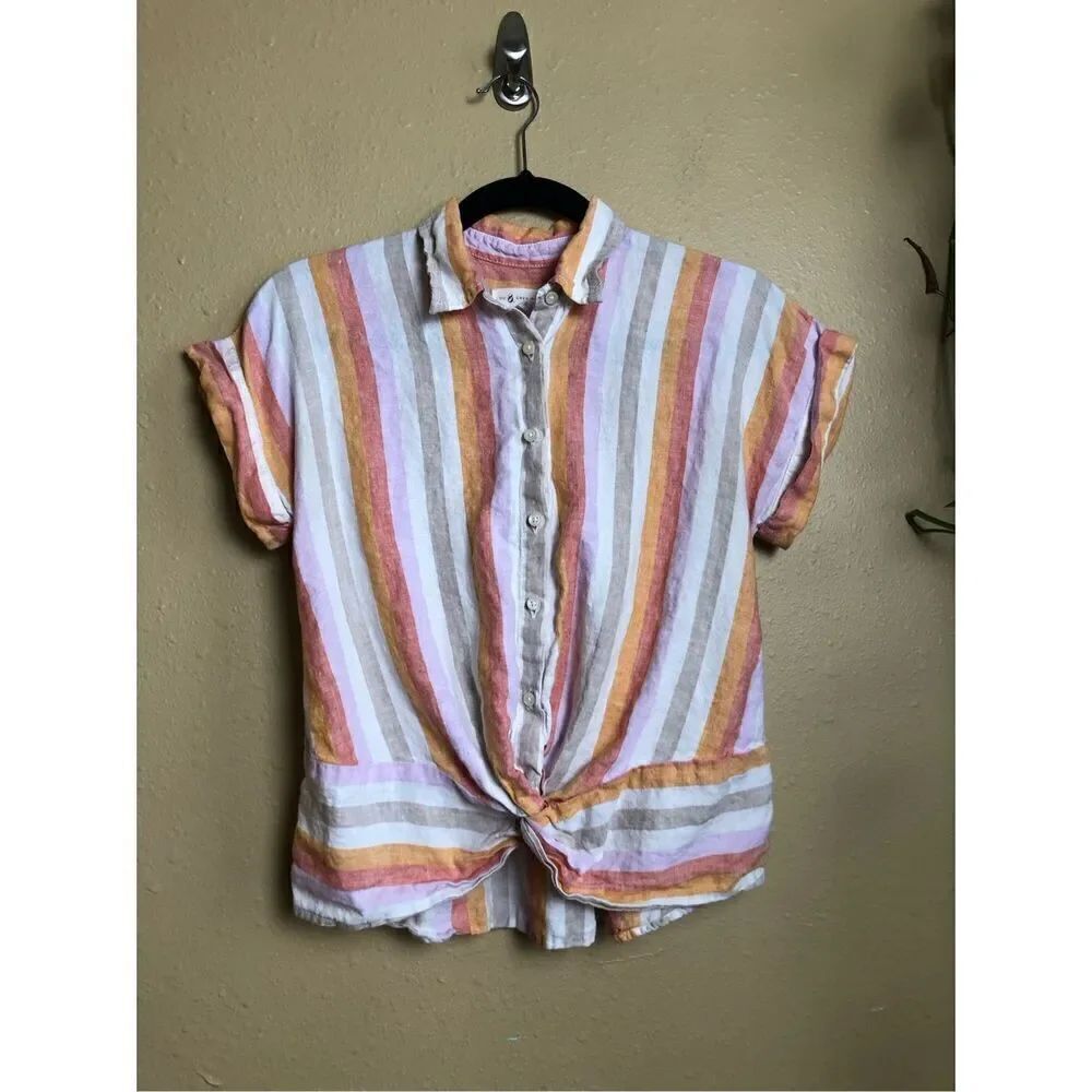 Lou & grey Linen Top Blouse Orange Stripe Short Sleeve Collared Size XS